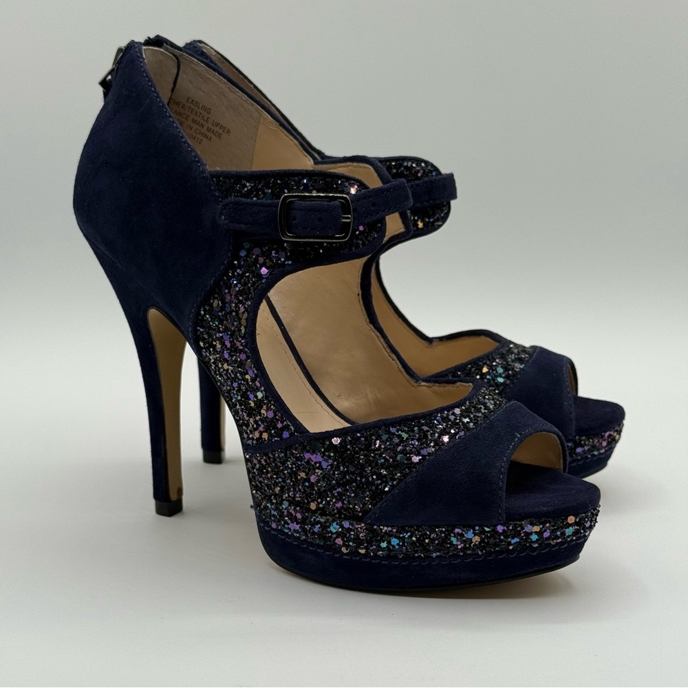 Enzo Angiolini Easling Pumps Navy Blue Peep Toes Glitter Heels Size 6M